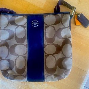 Coach Khaki Signature Blue Leather Stripe Kitt Crossbody Bag